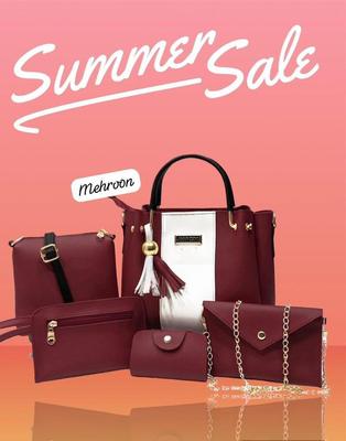 5 Pcs Women's PU Leather Plain Hand Bag Set